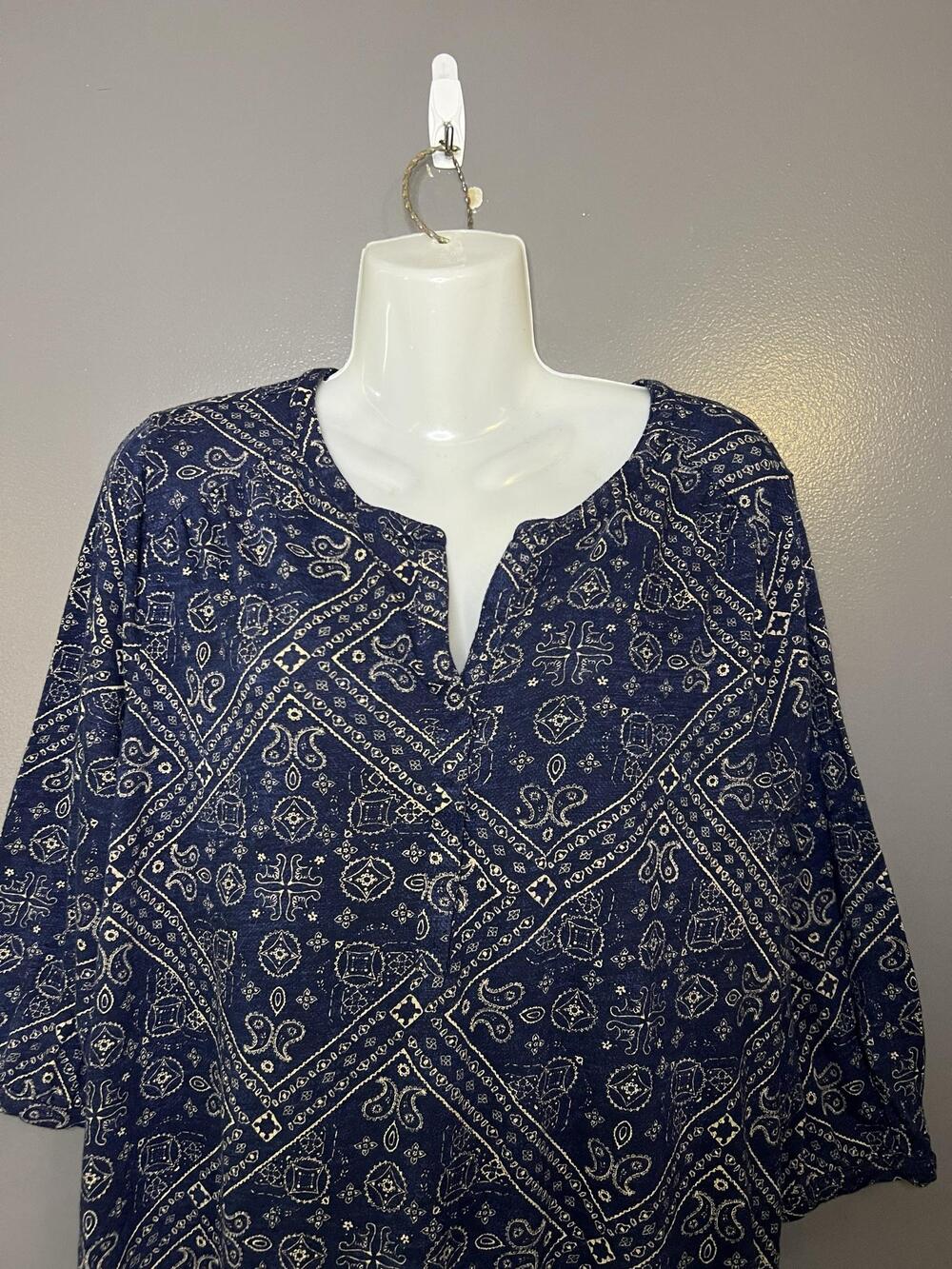 Lucky Brand Blouse Womens 1X Blue Paisley V Neck 3/4 Sleeve Tunic Top Boho